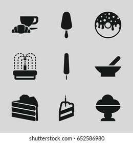 Chocolate icons set. set of 9 chocolate filled icons such as bowl, ice cream on stick, donut, coffee and croissant, fountain, piece of cake, ice cream