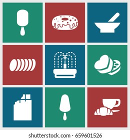 Chocolate icons set. set of 9 chocolate filled icons such as bowl, ice cream on stick, donut, coffee and croissant, fountain, sweet box, cookie