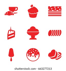 Chocolate icons set. set of 9 chocolate filled icons such as ice cream on stick, donut, coffee and croissant, muffin, sweet box, piece of cake, cookie