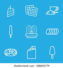 chocolate icons set. Set of 9 chocolate outline icons such as cookies, ice cream on stick, donut, coffee and croissant, fountain, piece of cake, cookie