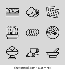 Chocolate icons set. set of 9 chocolate outline icons such as bowl, cookies, donut, coffee and croissant, fountain, sweet box, cookie, piece of cake