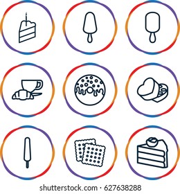 Chocolate icons set. set of 9 chocolate outline icons such as cookies, ice cream on stick, donut, coffee and croissant, sweet box, piece of cake