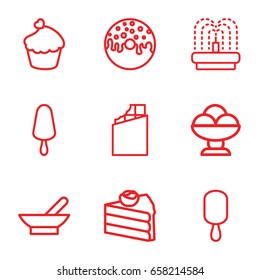 Chocolate icons set. set of 9 chocolate outline icons such as bowl, ice cream on stick, donut, fountain, muffin, chocolate, cake