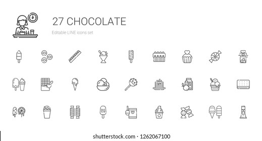chocolate icons set. Collection of chocolate with candy, frozen yogurt, popsicle, sweet, milkshake, sweets, breakfast, pancakes, cake pop. Editable and scalable chocolate icons.