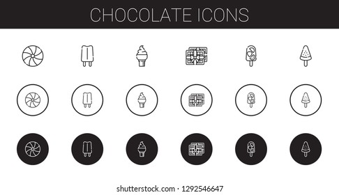 chocolate icons set. Collection of chocolate with candy, popsicle, ice cream. Editable and scalable chocolate icons.