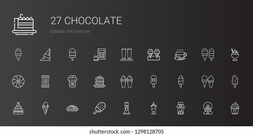 chocolate icons set. Collection of chocolate with cookies, ice cream, milkshake, cake, wedding cake, popsicle, cake slice, coffee, candy. Editable and scalable chocolate icons.