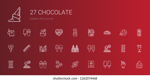 chocolate icons set. Collection of chocolate with ice cream, candy, donuts, breakfast, smore, cake, cream, cookies, cookie, chocolate box. Editable and scalable chocolate icons.