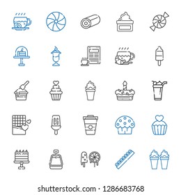 chocolate icons set. Collection of chocolate with ice cream, sweets, cake, cupcake, cup cake, coffee, popsicle, candy, cream, sweet. Editable and scalable chocolate icons.