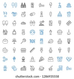 chocolate icons set. Collection of chocolate with ice cream, coffee, piece of cake, candy, cookies, caramel, candy machine, donuts, popsicle. Editable and scalable chocolate icons.