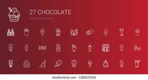 chocolate icons set. Collection of chocolate with ice cream, coffee, cream, sweet, popsicle, smore, cookies, milkshake. Editable and scalable chocolate icons.