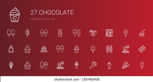 chocolate icons set. Collection of chocolate with ice cream, cake pop, breakfast, cupcake, sweet, frozen yogurt, pancakes, popsicle, cake. Editable and scalable chocolate icons.