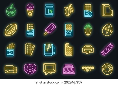 Chocolate icons set. Outline set of chocolate vector icons neon color on black