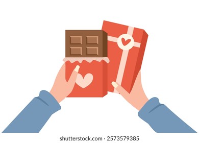 Chocolate illustration. Chocolate box. Dessert. People hold chocolate. Dark choco. Dubai chocolate. Cute chocolates.