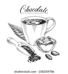 Chocolate ingredients hand drawn vector design element. Hot chocolate cup, cocoa beans and nibs retro sketch in engraved style. Cocoa drink and seeds vintage illustration with text. Poster template