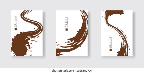 chocolate ink brush stroke on white background. Japanese style. Vector illustration of grunge wave stains.Vector brushes illustration.