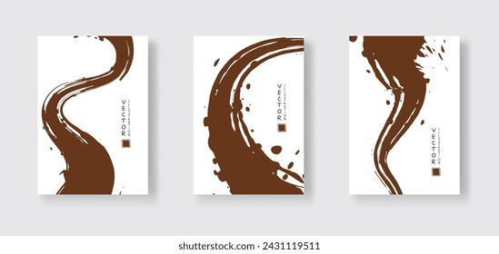 chocolate ink brush stroke on white background. Japanese style. Vector illustration of grunge wave stains.Vector brushes illustration.