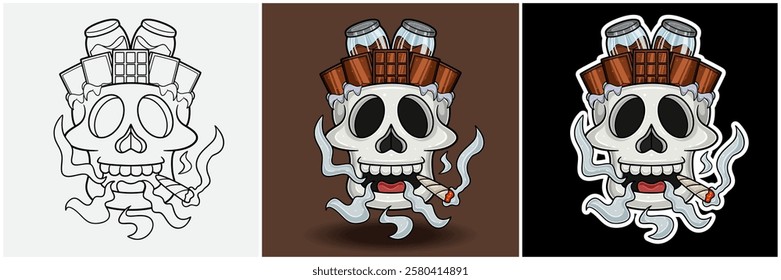 Chocolate Inside Skull Head With Smoking Character Cartoon. Black White, Colorful and Sticker Style. For T shirt print, Brand Logo, Label and Mascot product. Vectors Illustrations