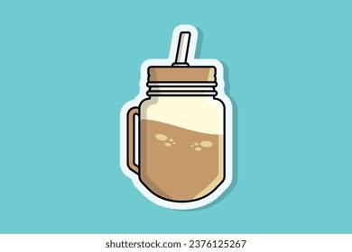 Chocolate Juice in Jar Mug with Drinking Straw Sticker vector illustration. Food and drink object icon concept. Healthy fitness sweet organic summer shake sticker design logo.