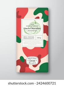 Chocolate Label Abstract Shapes Vector Packaging Design Layout with Realistic Shadows and Hand Drawn Watermelons and Colorful Camouflage Pattern Background. Isolated