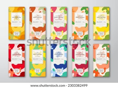 Chocolate Label Template Set. Abstract Shapes Vector Packaging Design Layout with Realistic Shadows Hand Drawn Fruit Berries Silhouette and Colorful Camouflage Pattern Backgrounds Collection. Isolated