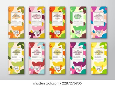 Chocolate Label Templates Set. Abstract Shapes Vector Packaging Design Layout with Realistic Shadows. Hand Drawn Fruit Silhouette and Colorful Camouflage Pattern Backgrounds Collection. Isolated