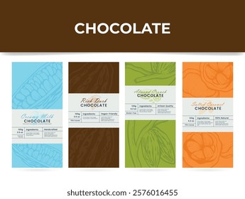 Chocolate label templates that showcase a wide range of flavors and fillings. Each label includes ingredient information and quality tags.