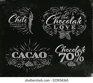 Chocolate labels collection in vintage style lettering love, chili, cacao, 70 drawing on black watercolor background