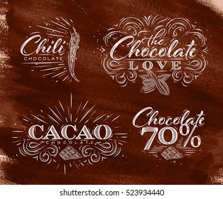 Colección de etiquetas de chocolate en el amor por las letras vintage, chile, cacao, 70 dibujando sobre fondo color agua marrón