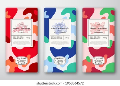 Chocolate Labels Set. Abstract Vector Packaging Design Layouts Collection. Modern Typography, Hand Drawn Red Ribes, Currant, Cranberry Berries and Colorful Camouflage Pattern Background. Isolated.