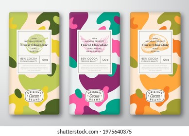 Chocolate Labels Set. Abstract Vector Packaging Design Layouts Collection. Modern Typography, Hand Drawn Durian, Papaya, Dragon Fruit Sketches and Colorful Camouflage Pattern Background. Isolated.