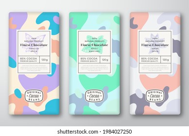 Chocolate Labels Set. Abstract Vector Packaging Design Layouts Collection. Modern Typography, Hand Drawn Anise, Mint and Vanilla Spices Sketches and Colorful Camouflage Pattern Background. Isolated.