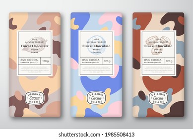 Chocolate Labels Set. Abstract Vector Packaging Design Layouts Collection. Modern Typography, Hand Drawn Cocoa, Coffee Beans and Coconut Sketches and Colorful Camouflage Pattern Background. Isolated.