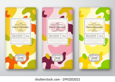Chocolate Labels Set. Abstract Vector Packaging Design Layouts Collection. Modern Typography, Hand Drawn Starfruit, Kiwano, Maracuja Sketches and Colorful Camouflage Pattern Background. Isolated.