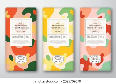 Chocolate Labels Set. Abstract Vector Packaging Design Layouts Collection. Modern Typography, Hand Drawn Tangerine, Orange, Pineapple Sketches and Colorful Camouflage Pattern Background. Isolated.