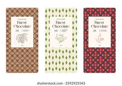 Chocolate Labels Set. Abstract Vector Packaging Design Layouts Collection. Modern Typography, Sea Salt, Matcha Green Tea, Chili Pepper tastes.