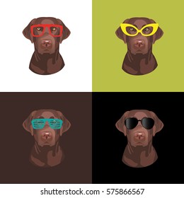 Chocolate labrador head illustration. Portrait in different glasses