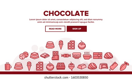Chocolate Landing Web Page Header Banner Template Vector. Chocolate Cookies And Candy, Ice Cream And Cake, Hot Drink And Cocoa Bean Illustration