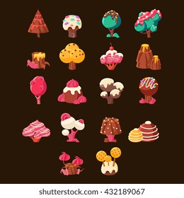 Chocolate Landscape Elements Set On Black Background. Fairy Tale Candy Design Elements. Cute Vector Flash Game 