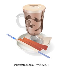 chocolate latte cup on saucer with sugar, vector illustration