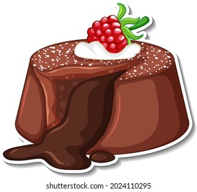 Chocolate lava cake with raspberry sticker isolated on white background illustration