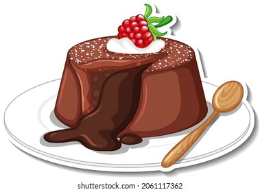 Chocolate lava cake with raspberry sticker isolated on white background illustration