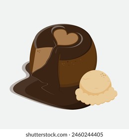 Chocolate lava cake vector clip art design with vanilla ice cream sticker isolated on white background illustration