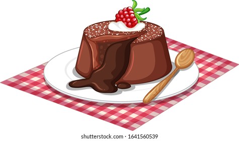 Chocolate lava cake and wooden spoon on the plate illustration