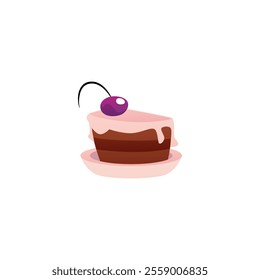 Chocolate layer cake with cream and cherry. Piece of sponge cake or cheesecake on a plate. Sweet, delicious pastries. Dessert for home or cafe. Vector illustration isolated on white background.