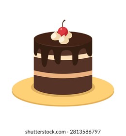 Chocolate Layer Cake Illustration with Cherry Dessert on Plate
