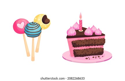 Chocolate Layered Cake with Burning Candle and Candy on Stick as Birthday Symbol Vector Set