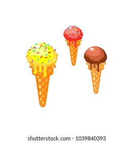 Chocolate, lemon and strawberry ice cream in a waffle cup. A set of sweet confectionery. Dessert. Isolated icon. Vector

