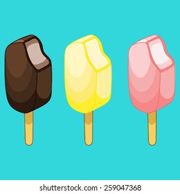 Chocolate lemon strawberry ice cream on stick. Vector illustration isolated on background.