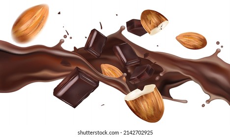 Chocolate liquid and Almonds seed splashing in the middle isolated on solid color background, Vector realistic in 3d illustration. Food and drink concepts.