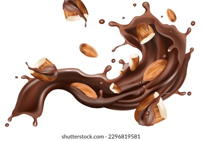 Chocolate liquid with Almonds seed splashing in the middle isolated on solid color background, Vector realistic in 3d illustration.